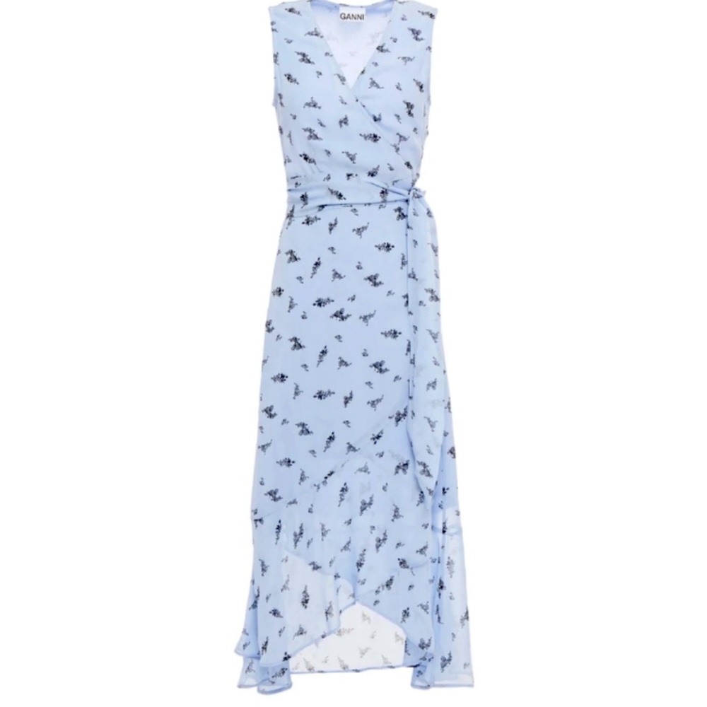 Ganni Ruffled Floral-Print Georgette Midi Wrap Dress